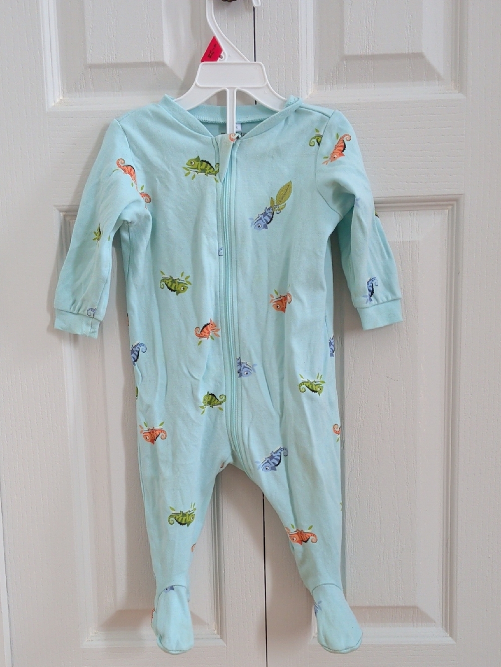 2/15$ Pekkle Light Blue Footed Baby One-Piece with Chameleon Print